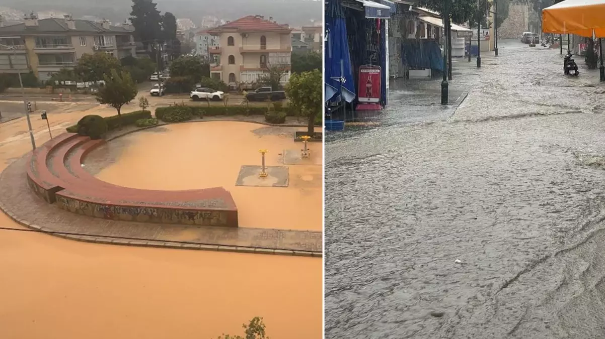 İzmir’de pazar yeri göle döndü, masa ve sandalyeler akıntıda sürüklendi